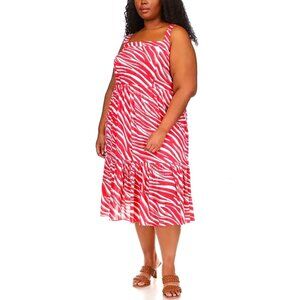 MICHAEL KORS Red White A-Line Square Neck Zebra Midi Dress Size 1X NWT